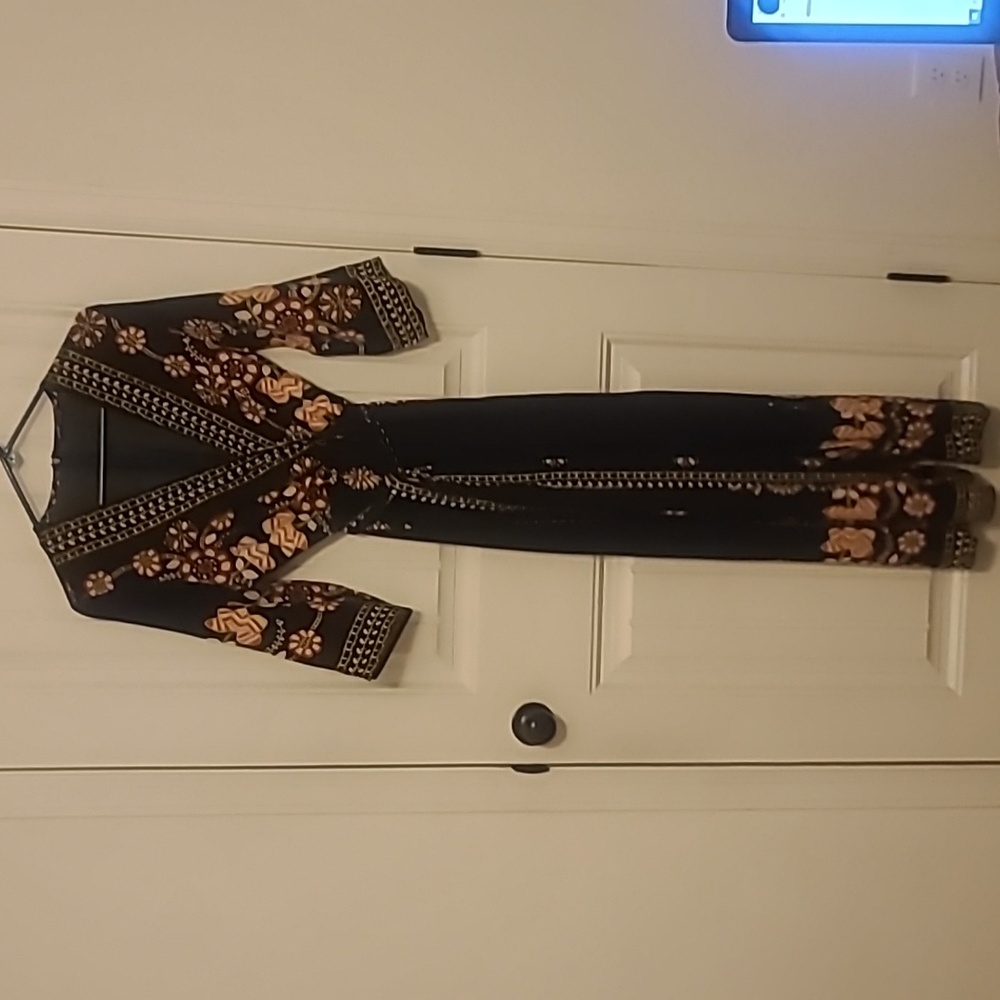 Navy Blue Floral Print Belted Jumpsuit